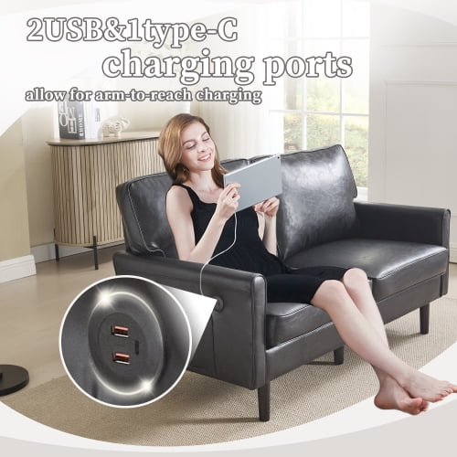 MOONMISS Mid Century Modern Loveseat,with USB & Demountable Pillow Cover for Living Room Bedroom,Black PU