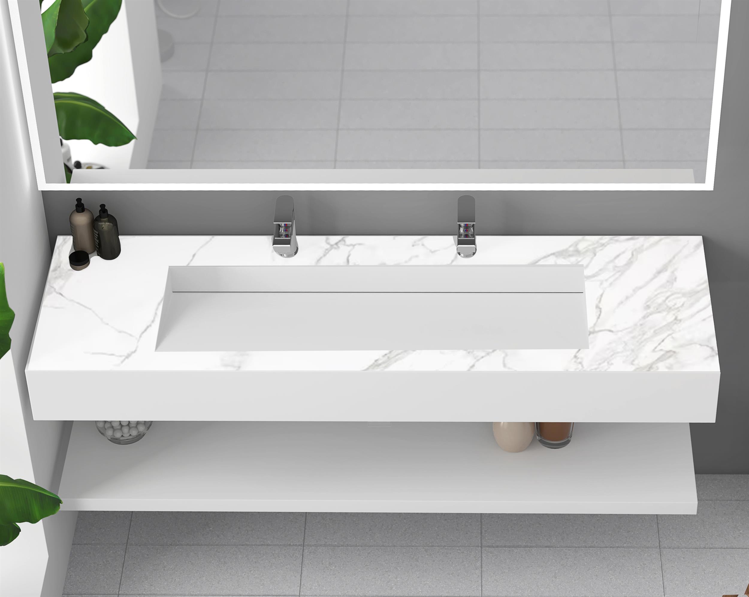 Pyramid 60" Solid Surface Manmade Stone Bathroom Double Basin Sink in Marble