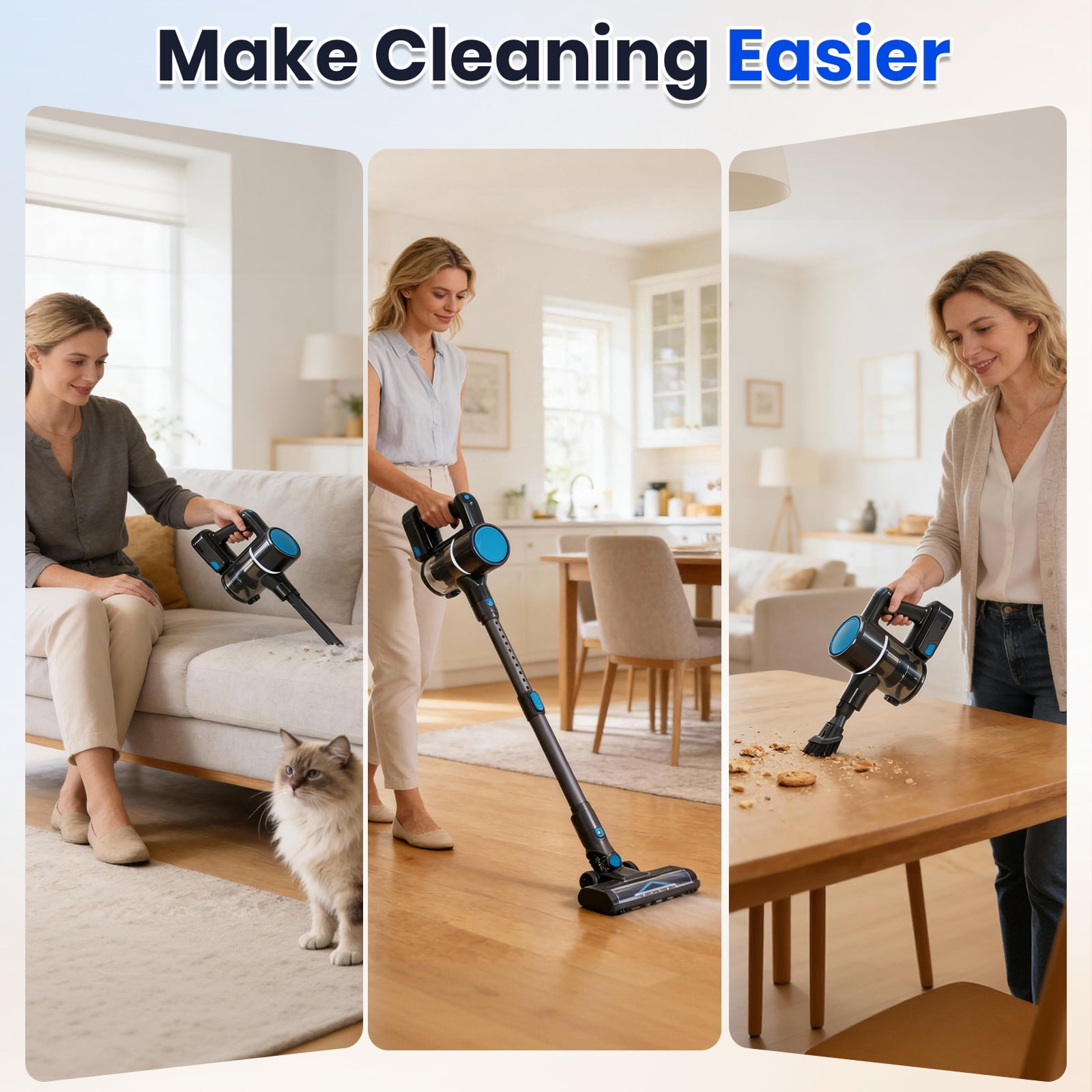 LIFERECORD Cordless Vacuum Cleaner, 180°Flexible Stick Vacuum for Pet Hair with Anti-Tangle Brush, 3 Suction Modes, LED Light for Hardwood Floors, Carpet, Furniture