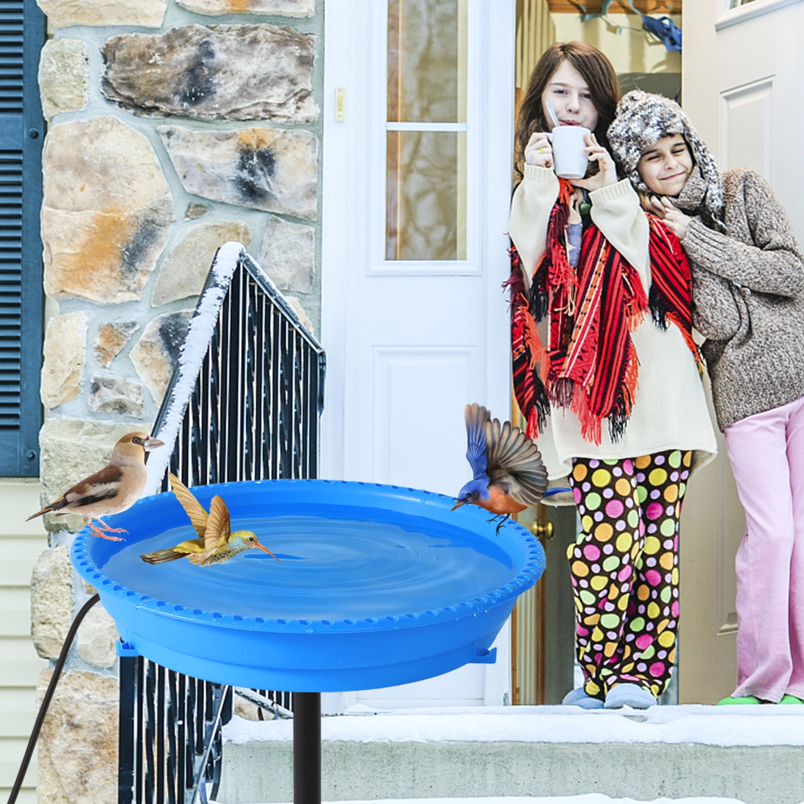 Heated Bird Bath for Outdoors for Winter, 75W Bird Bath Water Heater Bird Bath Deicer,Deep Bowl Thermostatic Control Weather Resistance Available with Stable Metal Pole for All Seasons(Blue)