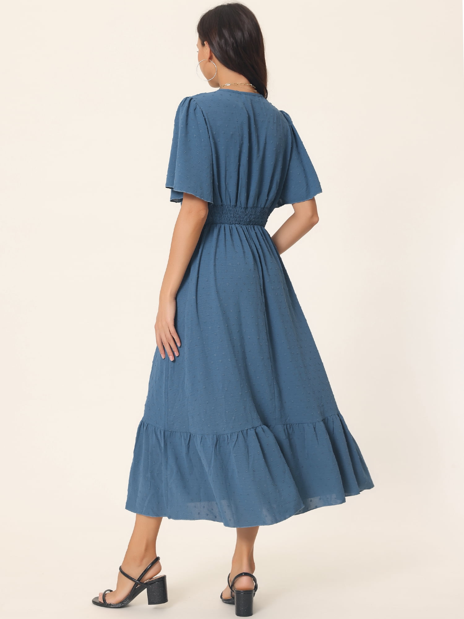 DARING DIVA Women's Swiss Dots Ruffle Midi Dresses M Blue