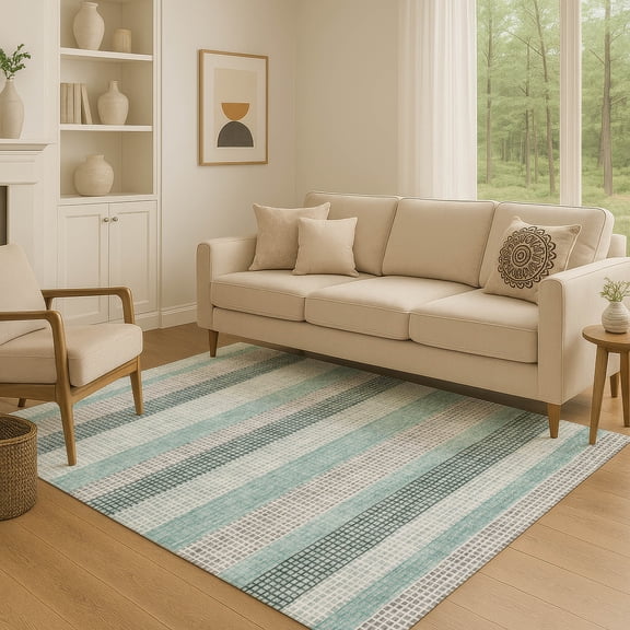 Addison Rugs Mayfield Premium Machine Washable Transitional Stripes Teal Rectangle Rug, 10' x 14'