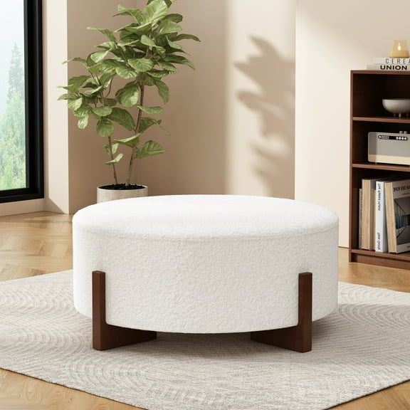 Christopher Knight Home 34" Modern Round Ottoman, White Boucle Upholstered, Walnut Wooden Legs