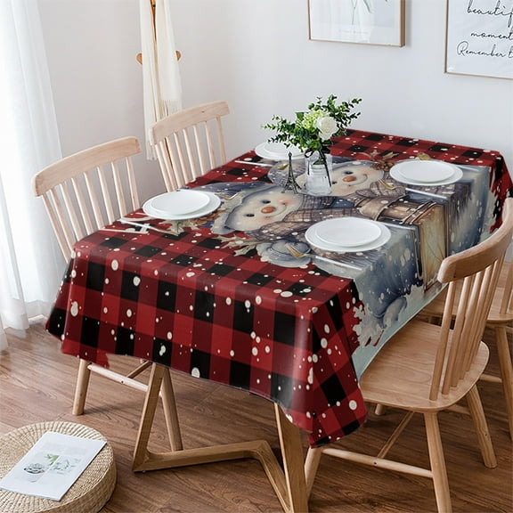 Christmas Snowman Tablecloth Rectangle Table Cloth 60x84 , Waterproof Tablecloth Outdoor Table Cloth, Winter Snowflake Red Black Plaid Washable Table Cover for Kitchen Dining Party