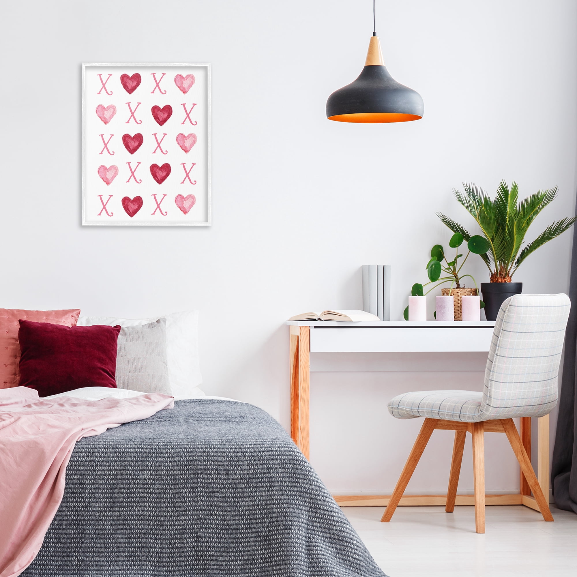 Stupell Industries Pink XOXO Hearts Holiday Painting White Framed Art Print Wall Art, 24 x 30