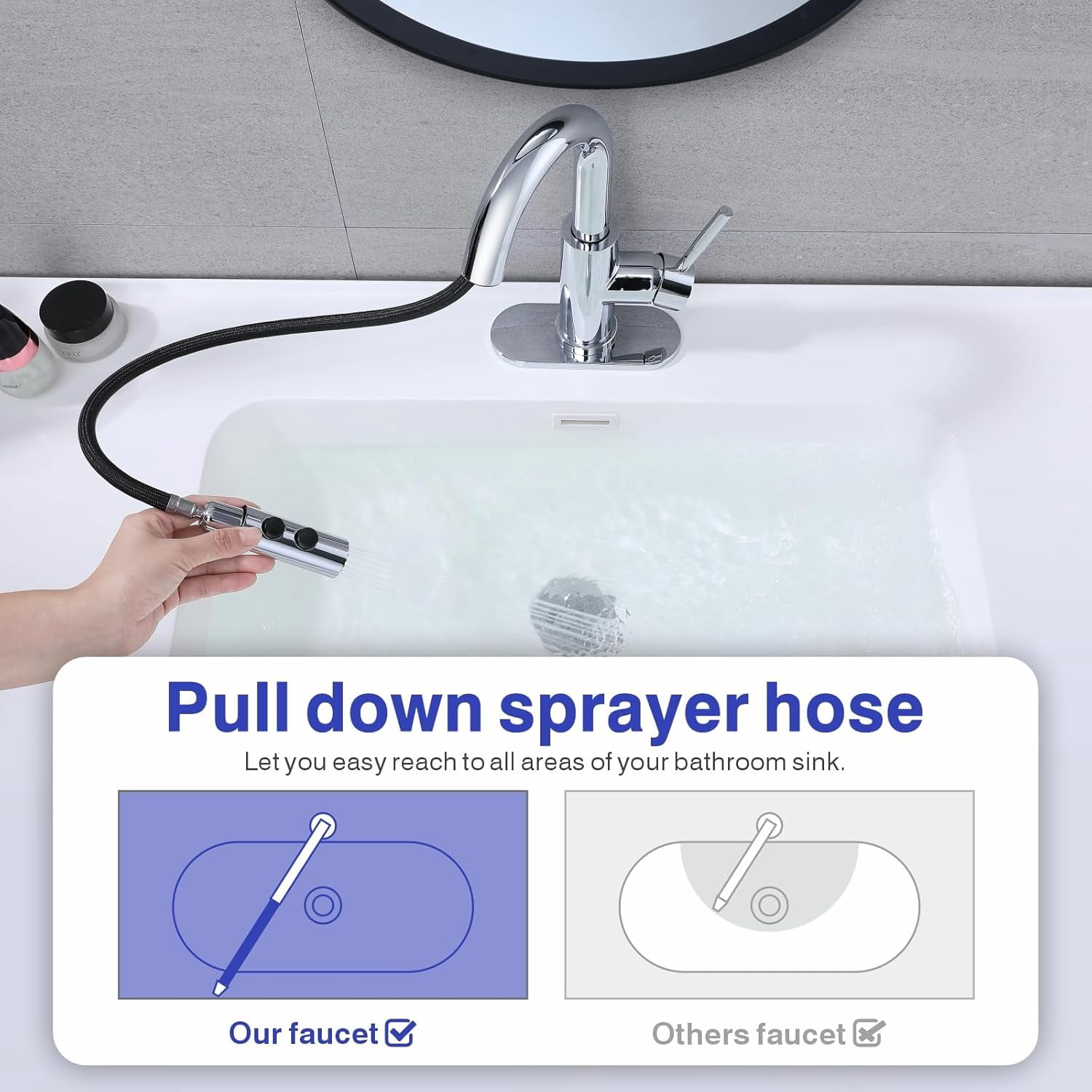 Bathroom Sink Faucet with Pull Down Sprayer, Chrome Single Handle Pull Out Faucet with Pop-Up Drain, 1 or 3 Hole Laundry Bar Basin Faucet with Deck Plate