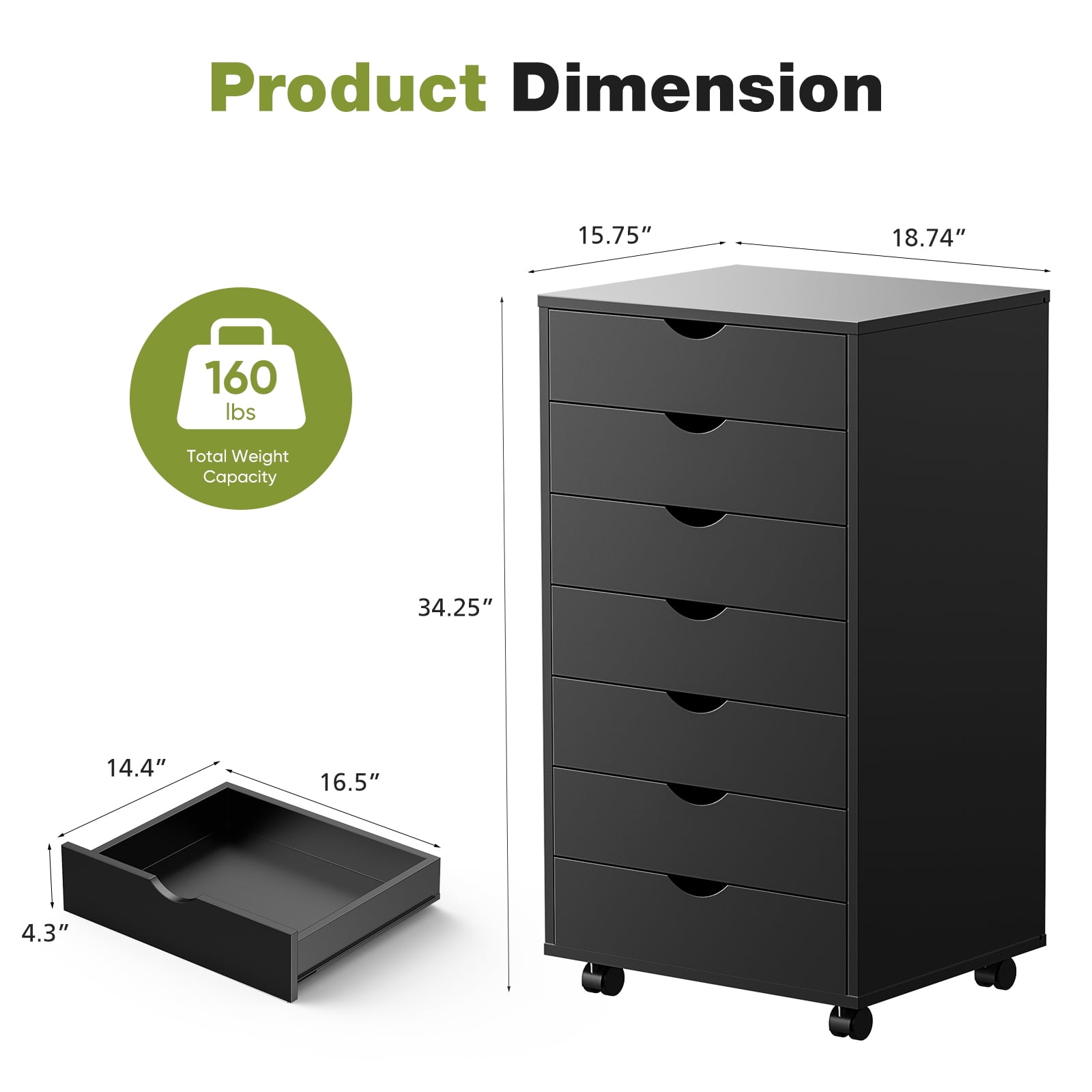 EDX 7 Drawer Storage Cabinet with Wheels for Bedroom, Home, Office Organization, Black