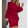 thumbnail image 4 of Women's Long Sleeves Dress Zipper Bodycon Mini Dress Ruffle Hem Round Neck Cocktail, 4 of 8
