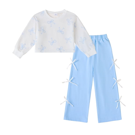 6Y Kids Girls Clothes 7 Years Girls Pant Set Little Girls Long Sleeve Round Neckline Bowknot Print Top Pants 2PCS Outfits Set Blue