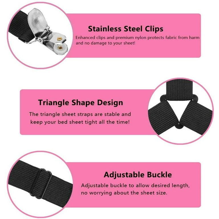 EEEkit 8Pcs Bed Sheet Straps, Triangle Non-Slip Mattress Cover Clips  Fastener, Adjustable Suspender Grippers (Black) 