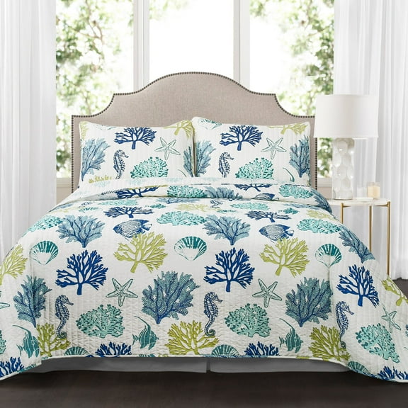 Lush Decor Coastal Reef Cotton Reversible Quilt, Full/Queen, Navy/Blue, 3-Pc Set