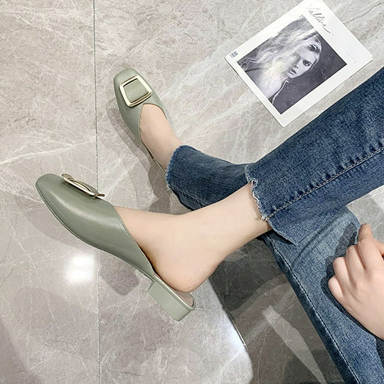 Women's Square Mules Flats Comfortable Backless Flat Mules Slides Mules  Shoes Low Heel Slippers for Ladies 38 Green 