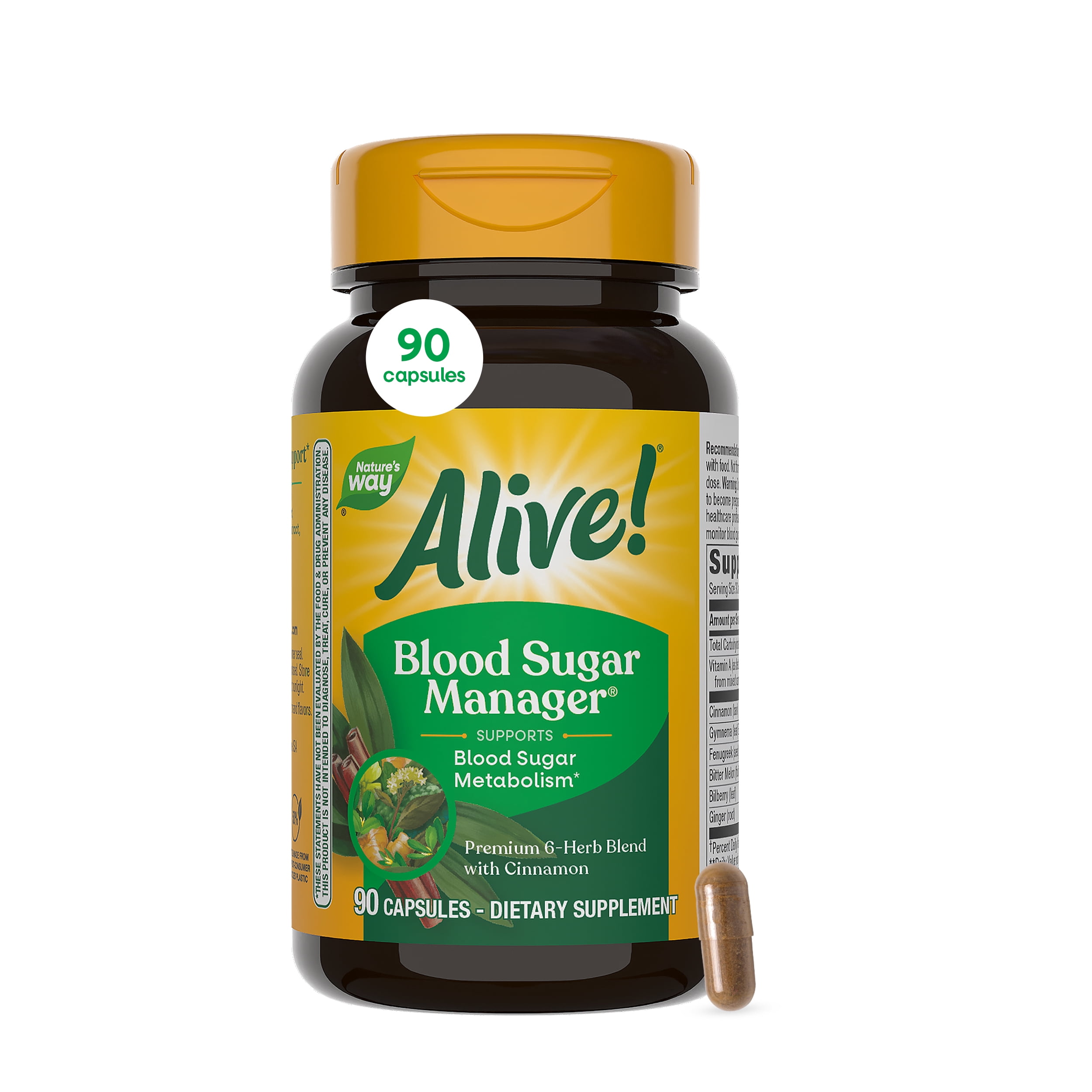 Alive! Blood Sugar Manager Capsules, 6 Herb Blend, with Cinnamon, Unisex, 90 Count
