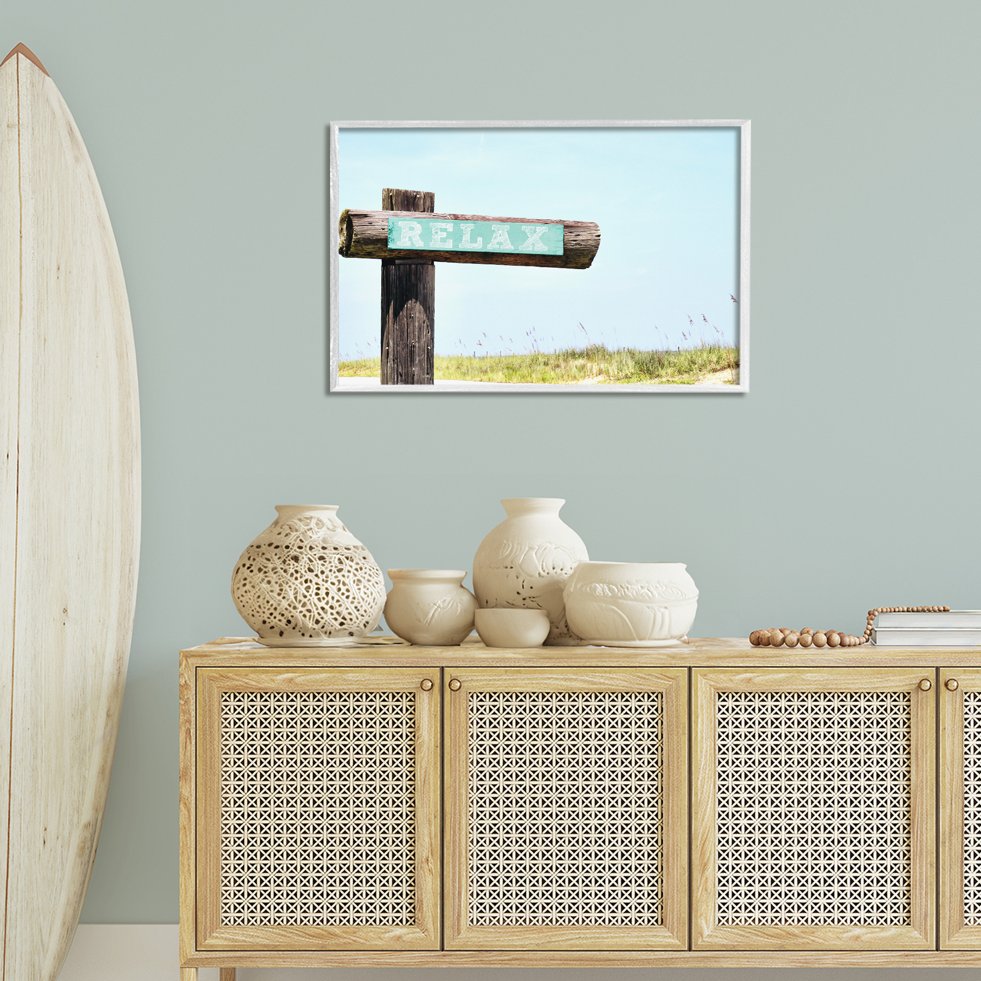 Stupell Industries Relax Sign on Beach Landscape Photography White Framed Art Print Wall Art, 30 x 20