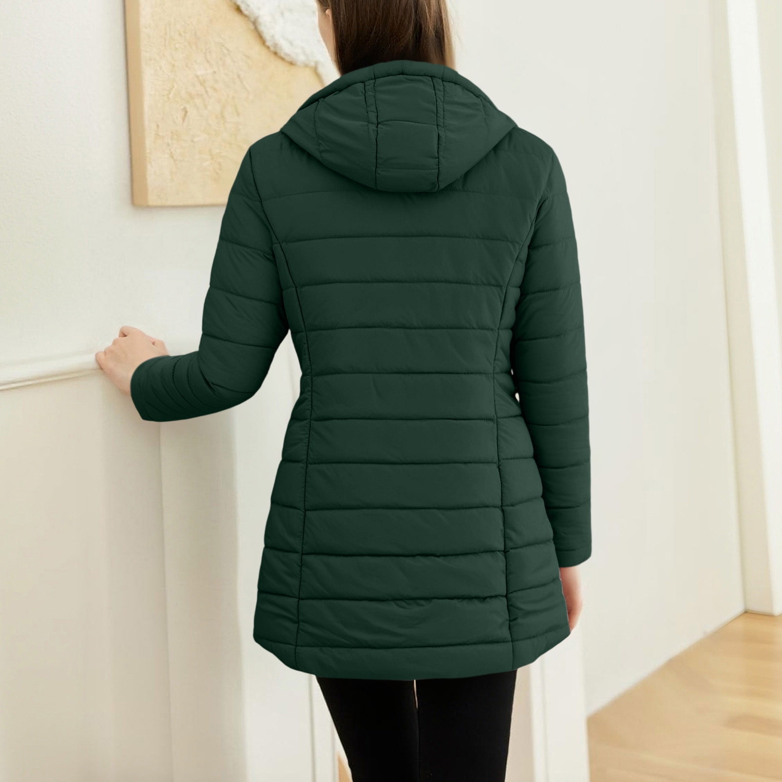 VINUSLI Long Coat Women Puffer Full Zip Quilted Hoodie Jackets Fleece Lined Plus Size Warm Parka Coat​ Army Green,L