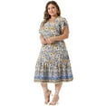 thumbnail image 3 of DARING DIVA Plus Size V Neck Short Sleeve Floral Midi Dress 3X Beige, 3 of 6