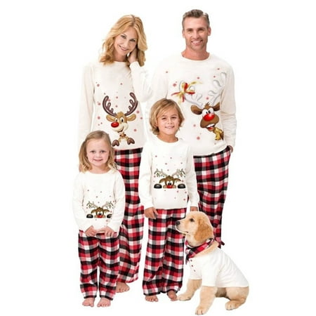 

Ma&Baby Matching Family Christmas Pajamas Set Elk Pattern Tops Dog Shirt Bandana Baby Romper Festival Sleepwear