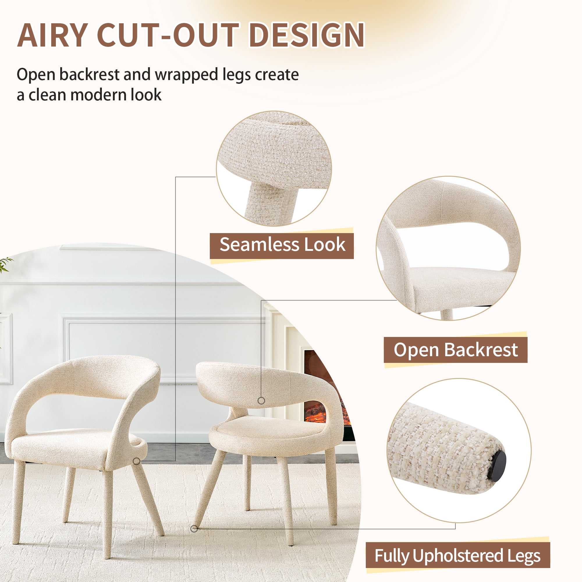 Leumius Premium Sherpa Upholstered Dining Chair with Hollow Backrest Accent Chair for Dining Room Bedroom Vanity Living Room Conference (Off White, Set of 2)