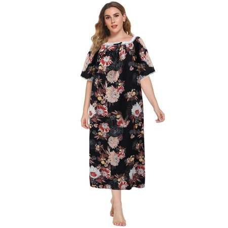 

WBQ Women s Plus Size Long Nightgown Sleepwear Short Sleeve House Dress Vintage Lace Square Neck Night Gown Oversized Soft Full Length Sleep Dress Casual Loose Nightdress XL-5XL