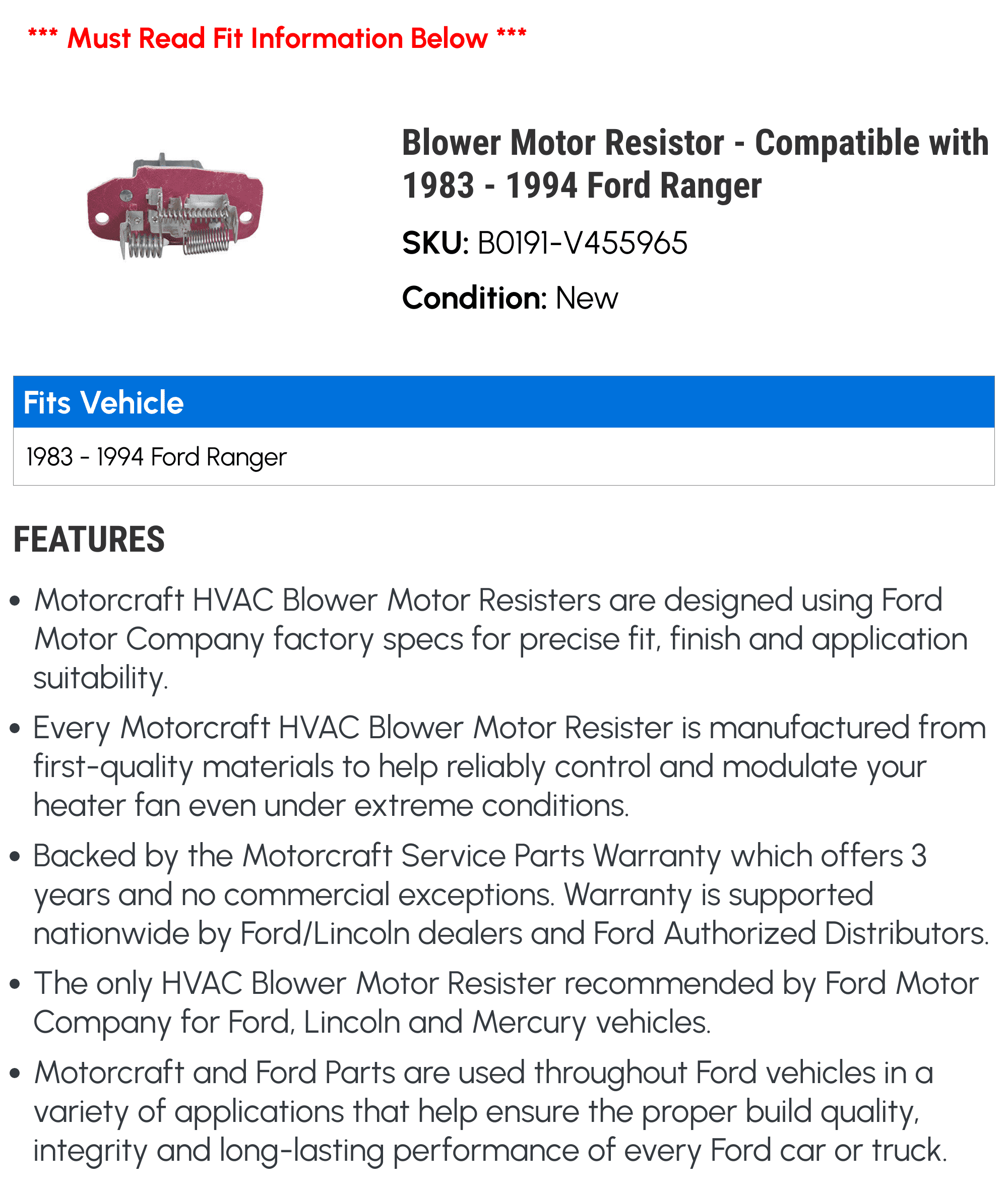 Blower Motor Resistor - Compatible with 1983 - 1994 Ford Ranger 1984 1985 1986 1987 1988 1989 1990 1991 1992 1993