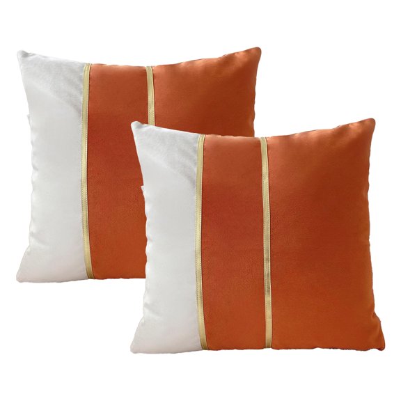 Set of 2 Velvet Trim Throw Pillowcase Patchwork Color with Gold Leather Throw Pillowcase Cushion Cover -18 x 18 inches - orange