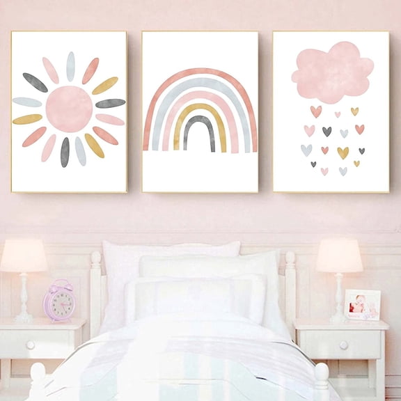 Sunshine Rainbow Cloud Canvas Wall Art, Child Wall Art Poster Boho Nordic Wall Pictures for Girls Baby Kids Room Decor Unframed