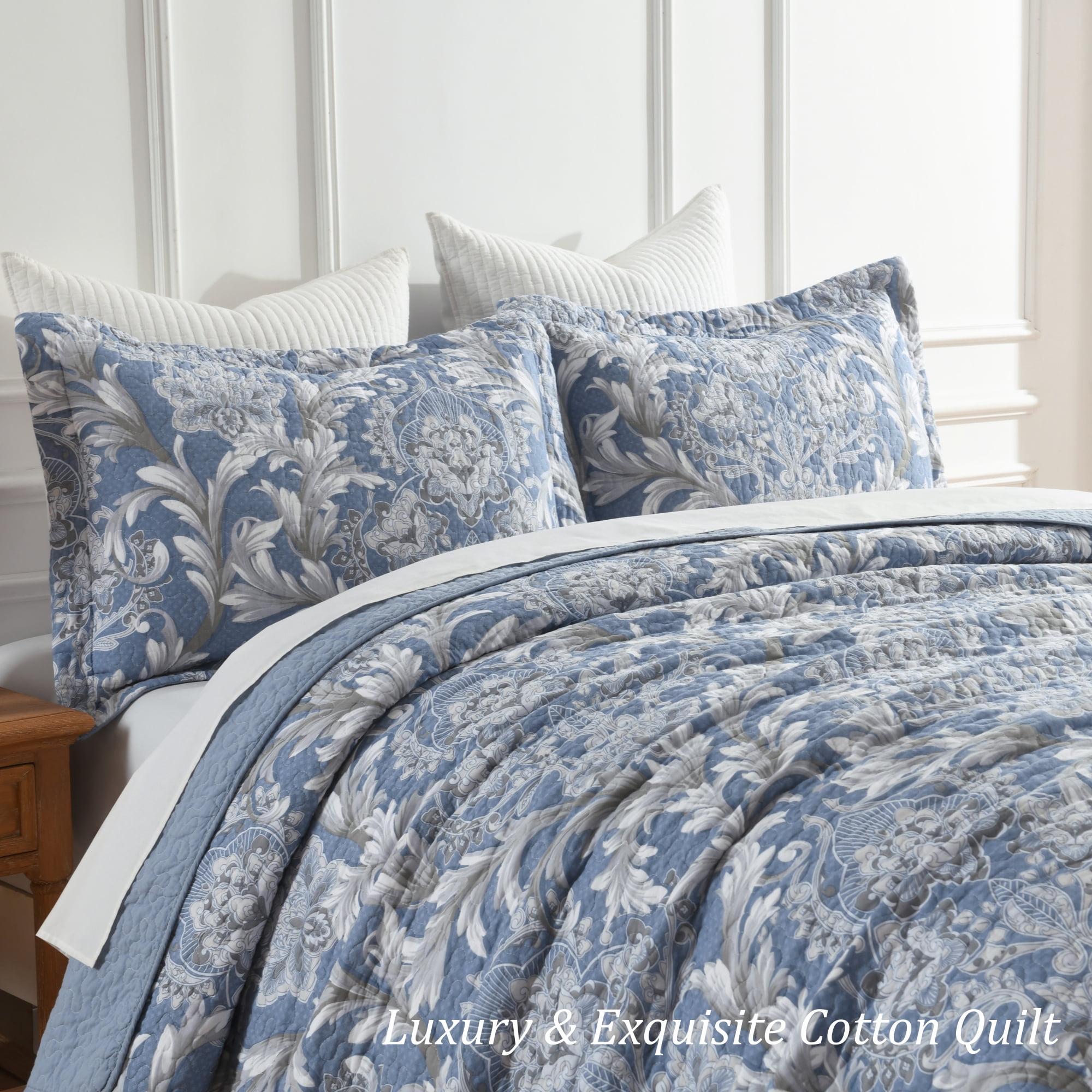BCOTTON King Quilt Set - Luxury Blue Floral Beddings - 100% Cotton All Season Reversible Bedspread Set for King Bed- Lightweight, Soft, Pre-Washed(Blue/White)