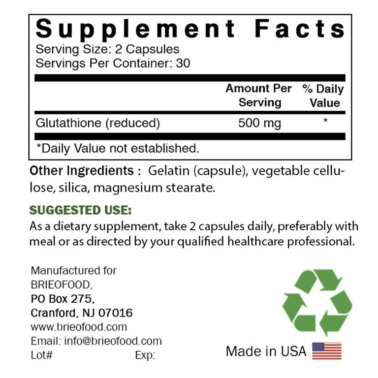 Brieofood Glutathione (Reduced) 500mg per Serving - 60 Capsules