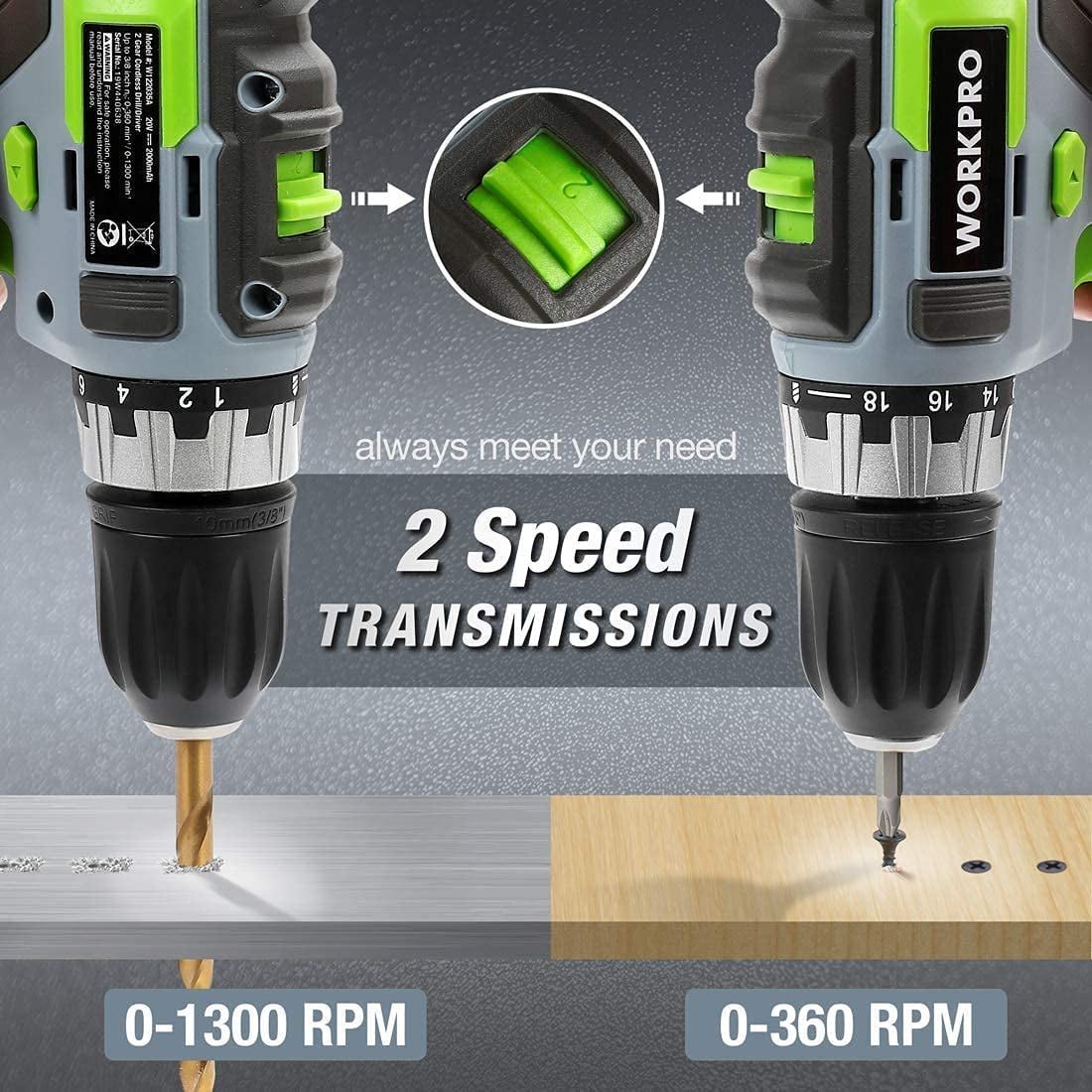 WORKPRO 20V Cordless Drill/Driver Kit, 3/8”, 18+2 Torque Setting, Variable Speed, 2.0 Ah Li-Ion Battery and 1 Hour Fast Charger