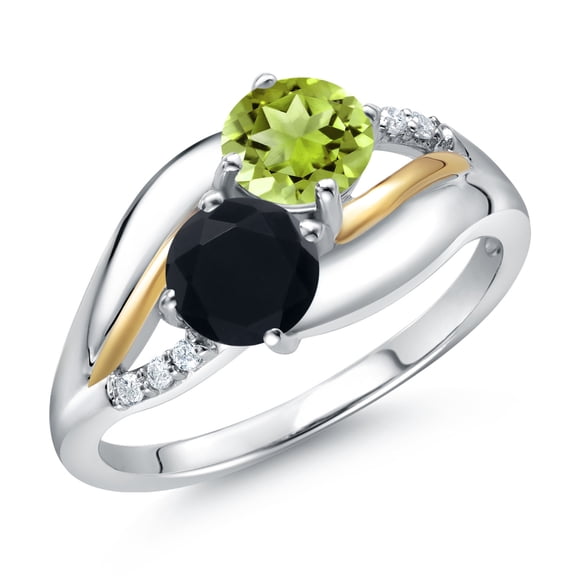 Gem Stone King 925 Sterling Silver and 10K Yellow Gold Black Onyx Green Peridot and Lab Grown Diamond 2 Stone Engagement Ring for Women (1.07 Cttw, Round 5MM, December Birthstone, Size 5)