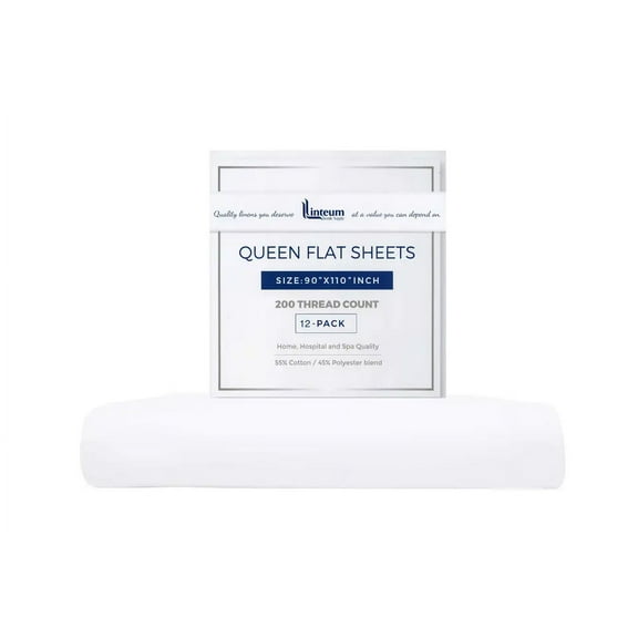 Linteum Textile Queen White Flat Bed Sheets - 90x110 Inches, 200 Thread Count (12 Pack)