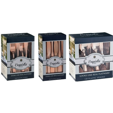 Wallace Rose Dinner Knife - Exquisite Premium 360 pc ROSE GOLD Plastic Silverware Cutlery Set, Heavy Duty, Bulk Combo 360 Pieces, Flatware Set Service for 120 - Includes 120 Forks, 120 Spoons, 120 Knives - Disposable Cutlery Set
