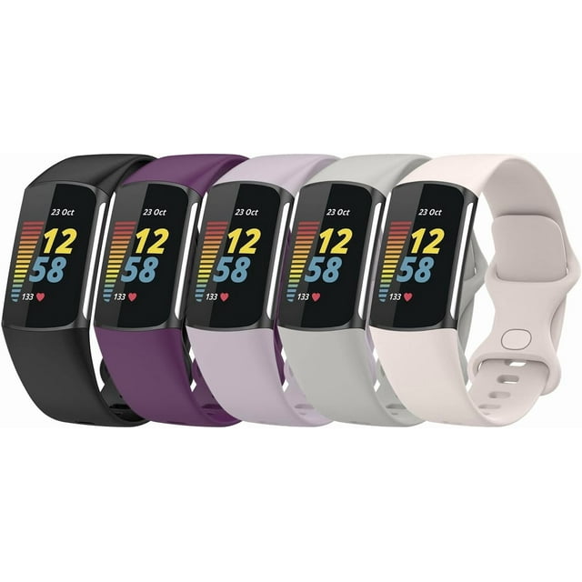 MYKOMI 5PCS Bands Compatible with Fitbit Charge 6/Charge 5 Straps Replacement Soft Silicone Wristbands Armbands Accessory for Women Men,Small/Large Size