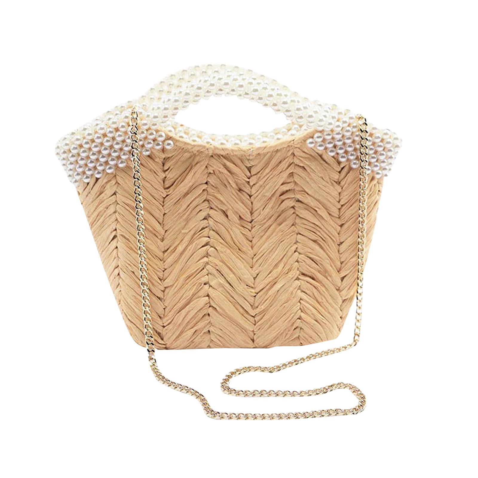 Women Straw Handbags with Pearl Ornaments Basket Bags for Women Straw