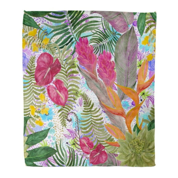 POGLIP Throw Blanket Warm Cozy Print Flannel Watercolor Tropical Pattern Exotic Flowers Bird of Paradise Orchidea Palm Comfortable Soft for Bed Sofa and Couch 50x60 Inches