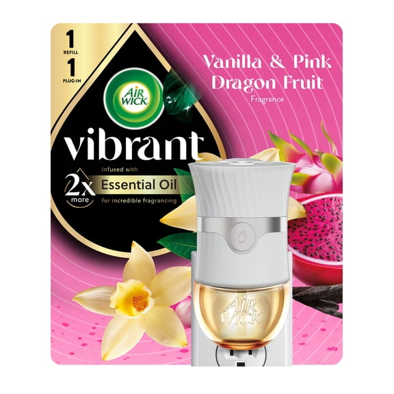 Air Wick Plug-in Vibrant Scented Oil Air Freshener Warmer Kit, Vanilla and Pink Dragon Fruit, 1 Warmer and 1 Refill