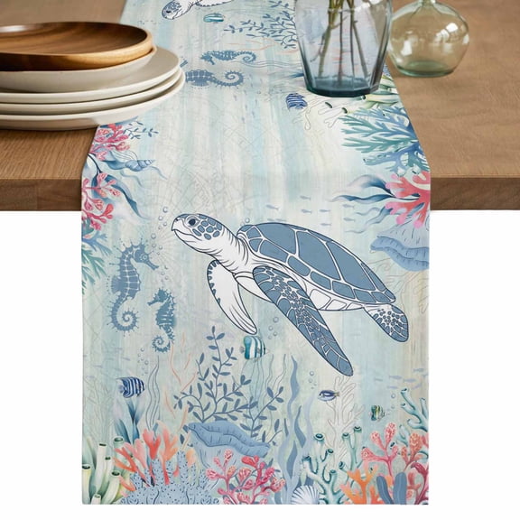 Teal Coastal Turtle Table Runner 48 Inches, Beach Nautical Ocean Coral Seahorse Bed Runner Dresser Scarves Tabletop for Indoor Outdoor Parties/Ceremony/Banquet, 13" x 48"