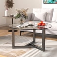 thumbnail image 1 of Round Glass Coffee Table Modern Cocktail Table Easy Assembly with Tempered Glass Top & Sturdy Wood Base (Black) 702AAB, 1 of 9