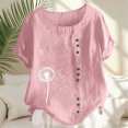 thumbnail image 2 of Fartey Cotton Linen T Shirt for Women Lightweight Breathable Summer Short Sleeve Crewneck T-Shirts with Button Funny Graphic Tees Loose Fit Casual Tops Pink S, 2 of 6