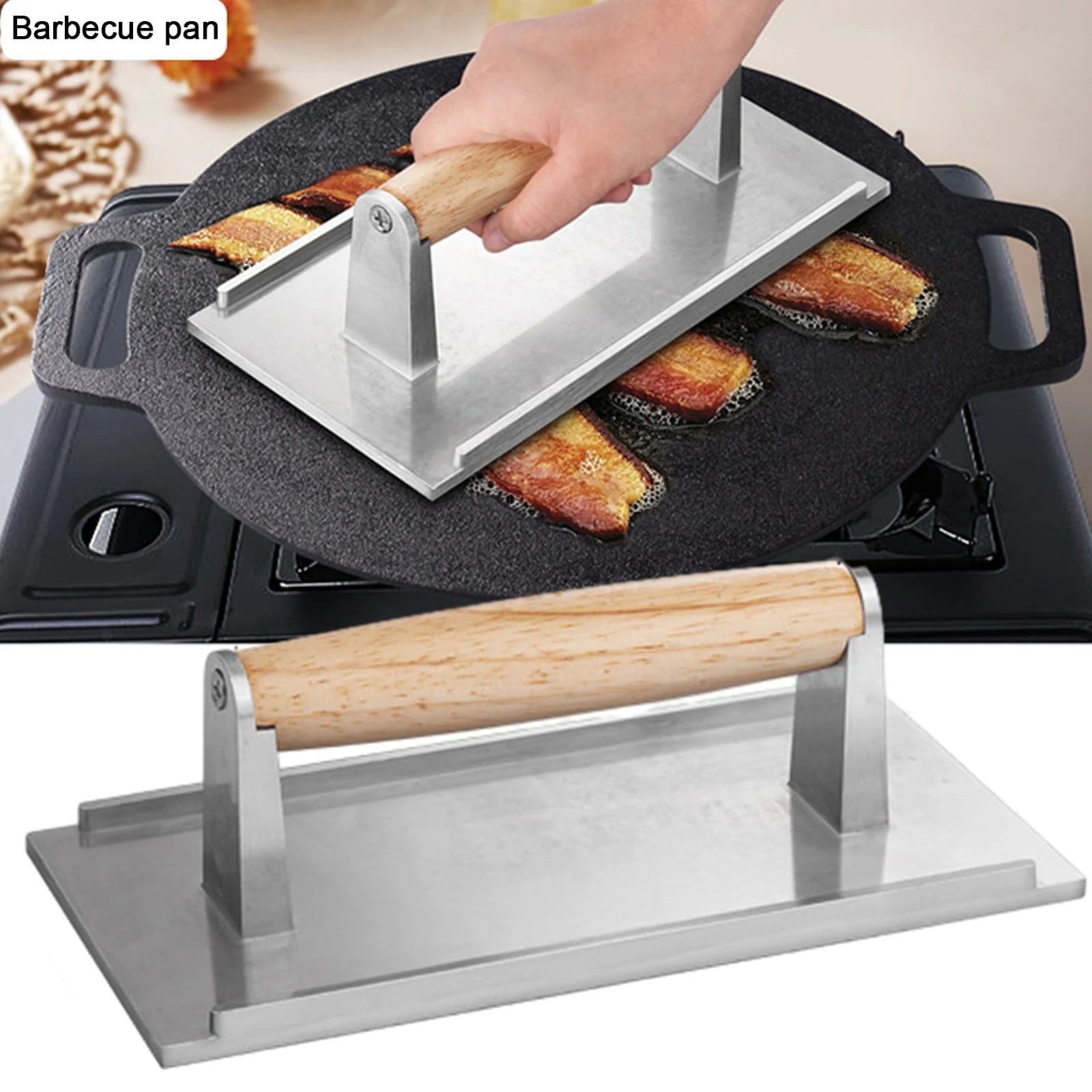 KUMHONW 21.5cm×11.5cm Heavy-duty Cast Iron Grill Burger Press and Meat Steak with Wood Handle for Blackstone Camp Chef Pitboss Weber Griddle Grills Silver