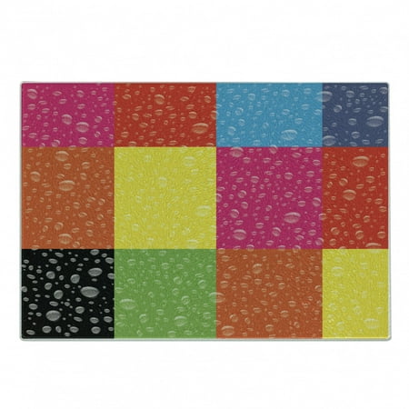 

Colorful Cutting Board Vivid Geometrical Themed Continuous Pattern with Raindrops on Abstract Squares Decorative Tempered Glass Cutting and Serving Board in 3 Sizes by Ambesonne