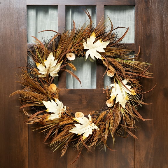Northlight Cattail and Wheat Twig Artificial Fall Harvest Wreath - 24"
