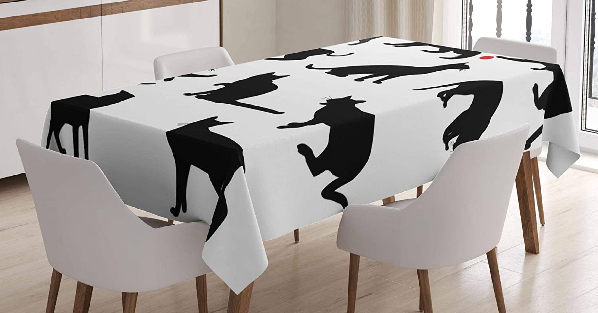 Cat Tablecloth, Silhouette of Kittens in Various Postures Playing Red