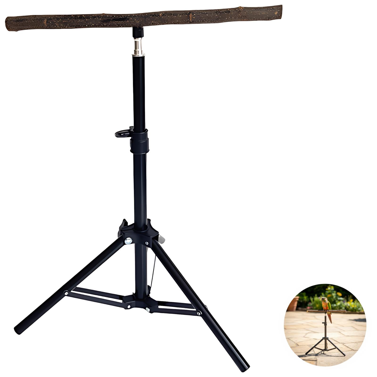 Natural Wood Parrot Tripod Perch Stand, Adjustable Height 15.7-29.5" Floor Bird Play Gym for Parakeets, Cockatiels & Conures, Stable Indoor/Outdoor Training Perch, Easy Fold & Store