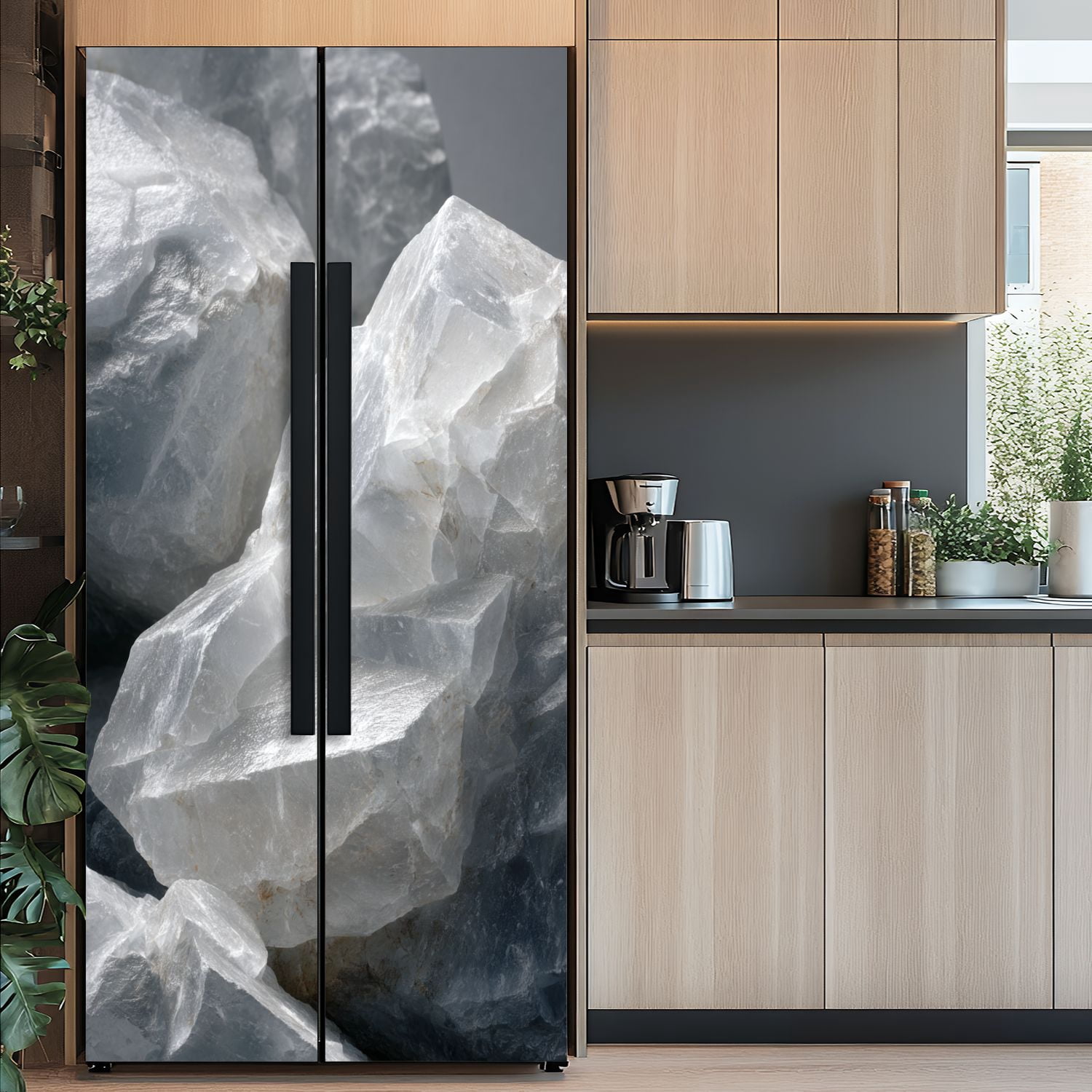 Self Adhesive Vinyl Refrigerator Wrap Set waves grey agate structure abstract nature Door Mural Removable Fridge Sticker Peel and Stick&nbsp;Full Door Cover Decal Kitchen Bar Decor