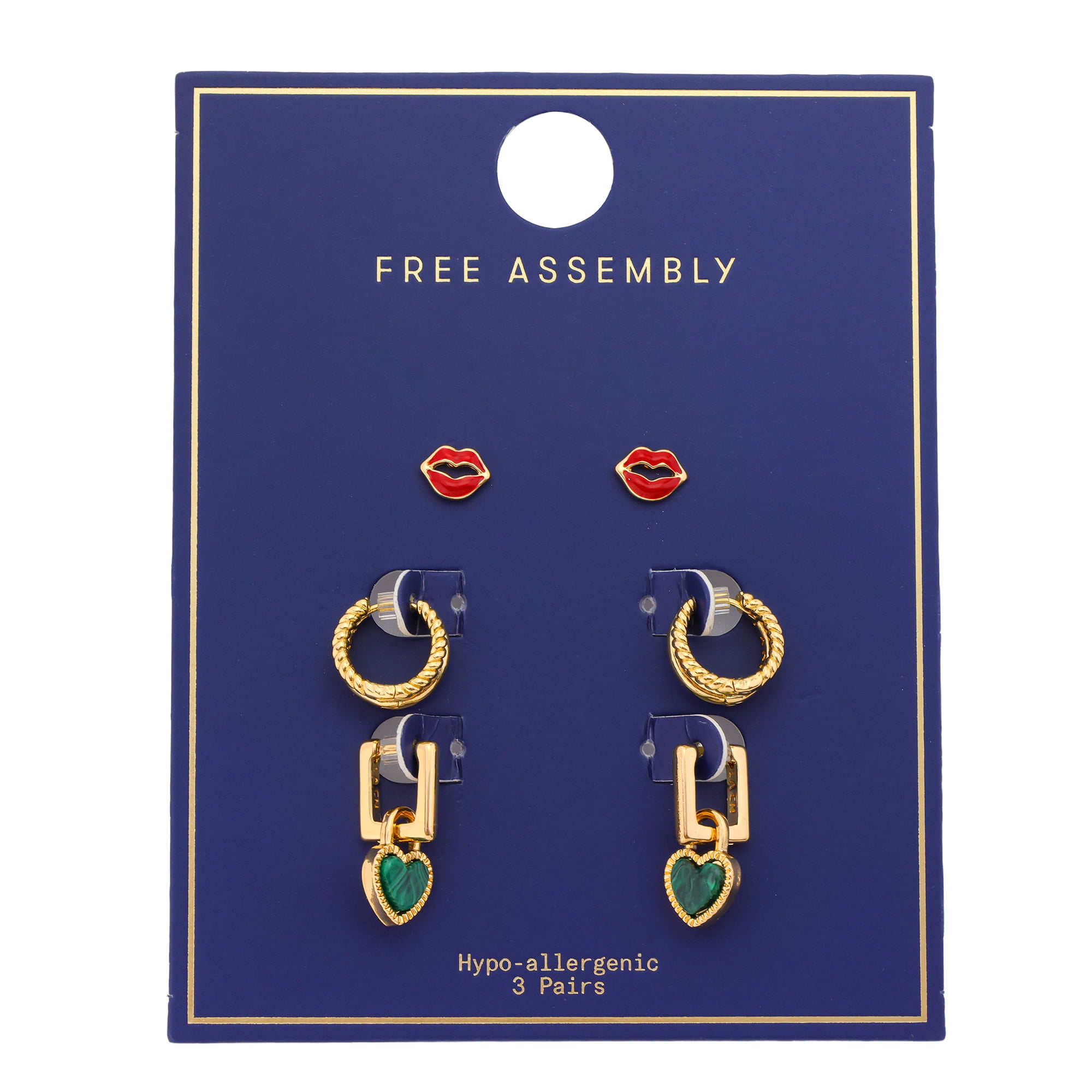 Free Assembly Women's Goldtone Lips, Hearts and Hoops Earring Set, 3-Pair