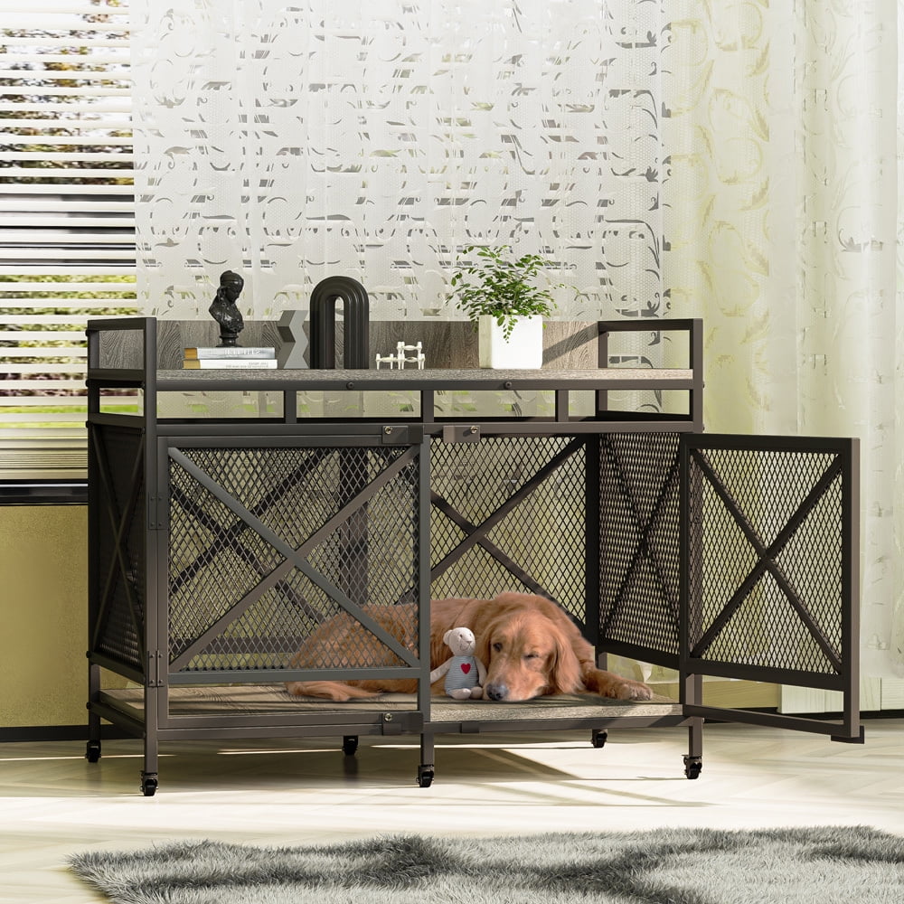 48 inch Dog Crate Furniture for Large Breeds (Up to 90 lb), Wooden & Steel, 360° Casters, Waterproof Top, Steel Lock,Textured Gray