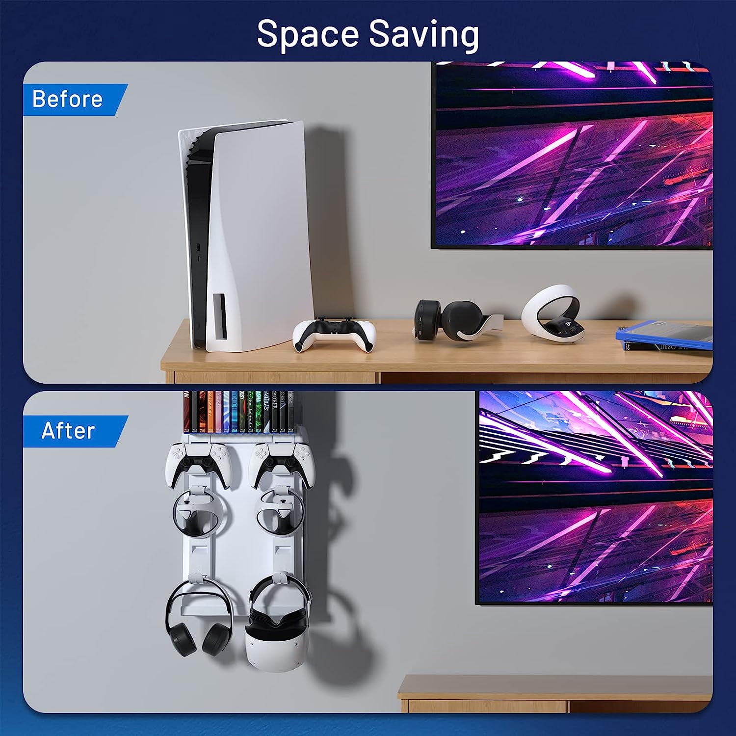 Wall Mount for PS5 Disc & Digital Edition, 8 in 1 PS5 Wall Mount Kit, for PS5 Console, PS5 Controller, Headset, PS-VR2 Controller, and 14 Game Slots