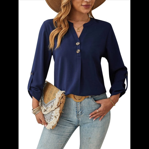 Camisas Holgadas de Larga Tipo Farol para Mujer, Blusas con Puños Fruncidos para el Trabajo, Blusas de Otoño. Azul Real L