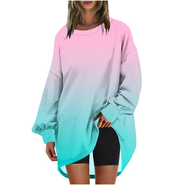Swstbby Fall Savings Clearance! Womens Fall Tops Plus Size, Womens Oversized Round Neck Sweatshirt Printed Long Sleeve Tunic Top Pink L